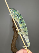 Load image into Gallery viewer, Chameleon on a branch held by a hand against a gray background
